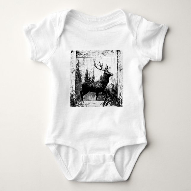 Vintage Stag Deer Black White Animal Baby Bodysuit (Front)