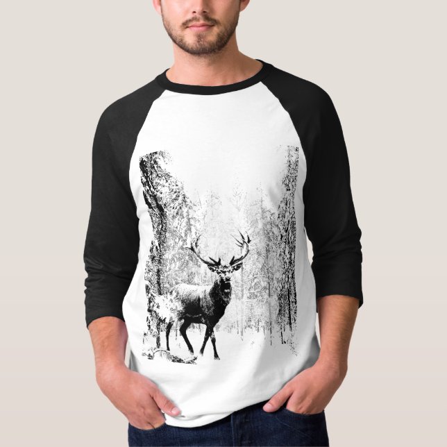 Vintage Stag Deer Black White Animal T-Shirt (Front)