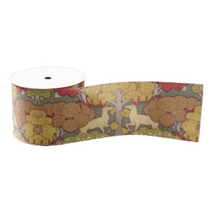 Vintage Stag Deer Forest Sage Green Pattern Grosgrain Ribbon