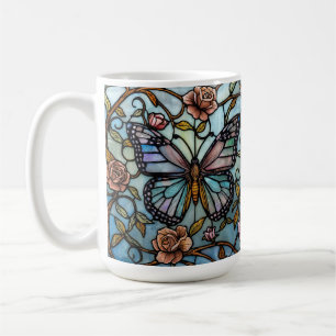 Vintage stain glass blue butterfly art coffee mug