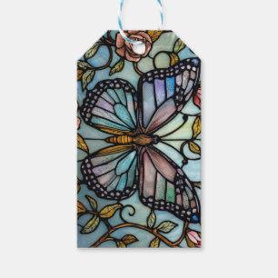 vintage stain glass blue butterfly art gift tags