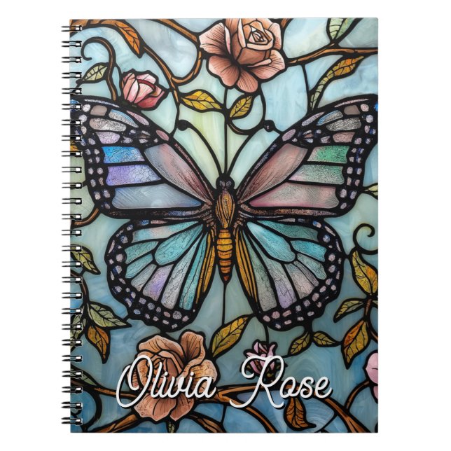 Vintage stain glass blue butterfly art  notebook (Front)