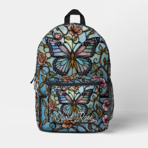 vintage stain glass blue butterfly art printed backpack