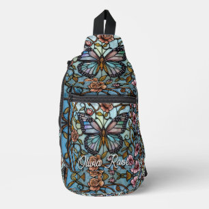 vintage stain glass blue butterfly art  sling bag