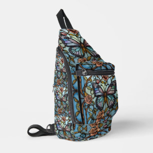vintage stain glass blue butterfly art sling bag