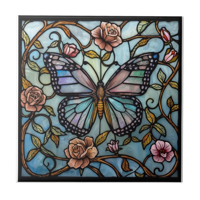 vintage stain glass blue butterfly art  tile (Front)