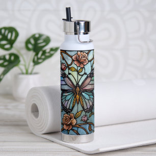 Vintage stain glass blue butterfly art  water bottle