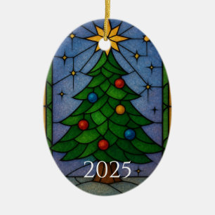 Vintage Stained Glass Christmas Tree Artwork  Ceramic Tree Decoration