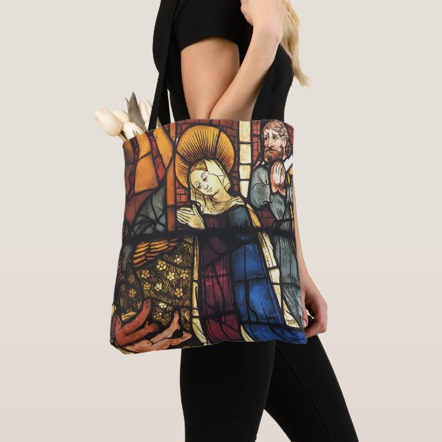 Vintage Stained Glass Nativity Scene; Renaissance Tote Bag (Close Up)