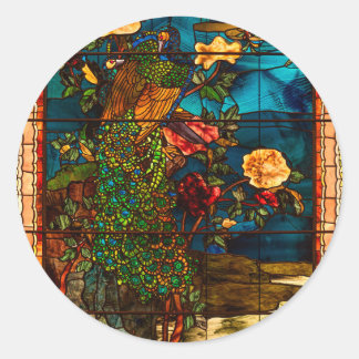 Vintage Stained Glass with Peacocks and Flowers Classic Round Sticker