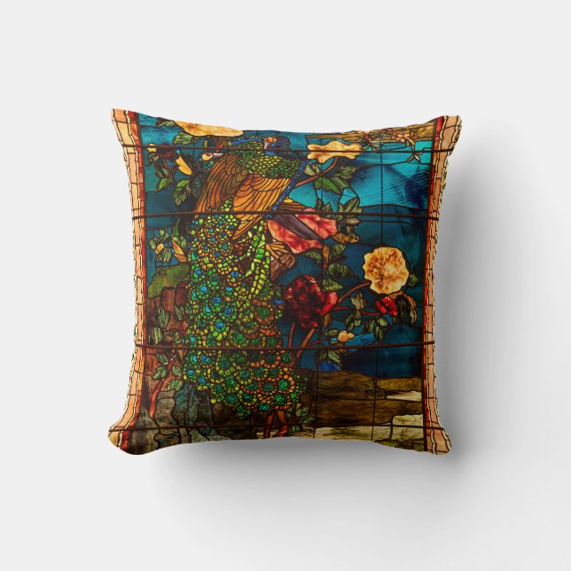 Vintage Stained Glass with Peacocks and Flowers Cushion (Front)
