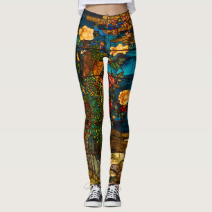 Vintage Stained Glass with Peacocks and Flowers Leggings