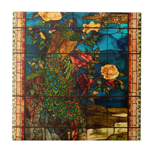 Vintage Stained Glass with Peacocks and Flowers Tile