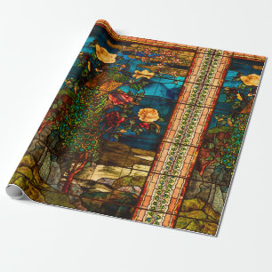 Vintage Stained Glass with Peacocks and Flowers Wrapping Paper