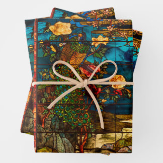 Vintage Stained Glass with Peacocks and Flowers Wrapping Paper Sheet