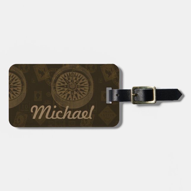 Vintage Stamp & Compass Luggage Tag - Dark (Front Horizontal)