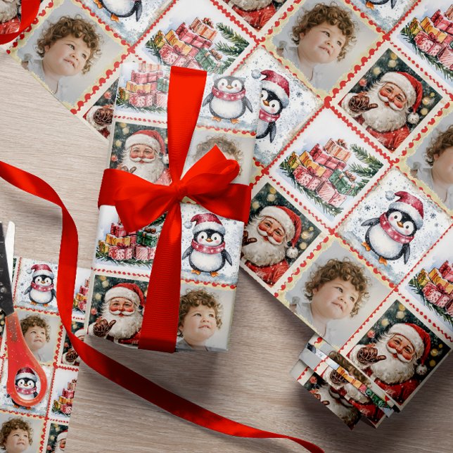 Vintage Stamp Cute Personalised Photo Christmas Wrapping Paper (Creator Uploaded)