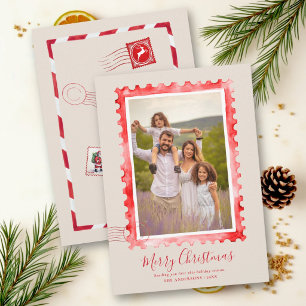 Vintage Stamp Neutral Red Family Christmas Holiday Card