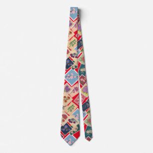 Vintage Stamps Collection,Retro Theme Red BG Tie