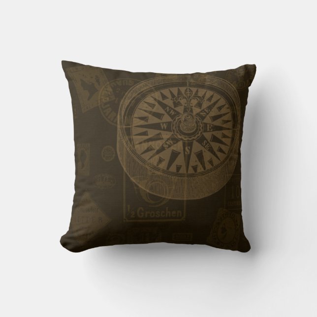 Vintage Stamps & Compass Pillow (Front)
