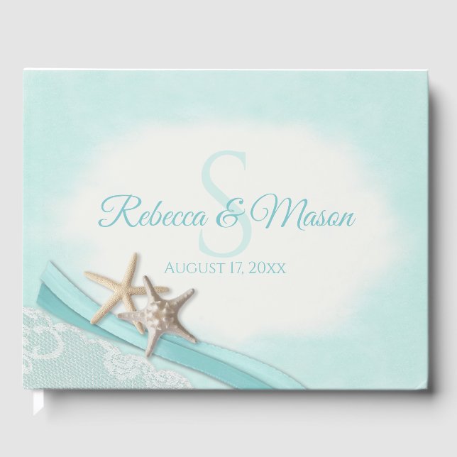 Vintage Starfish and Ribbon Monogram Wedding Guest Book (Front)