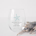 Vintage Starfish Beach Destination Wedding Favour Stemless Wine Glass<br><div class="desc">These elegant minimalist stemless wine glasses make great bridal party gifts or destination wedding favours. Clean minimal design features your n names,  wedding date,  and location in classic black serif lettering. A vintage style beachy starfish in turquoise teal blue completes the design.</div>