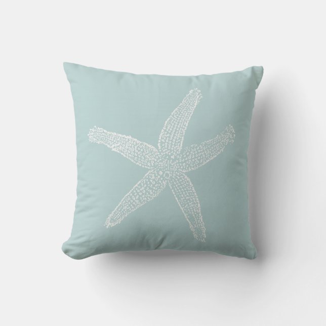 Vintage Starfish Illustration Pastel Seafoam Blue Cushion (Front)