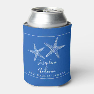 Vintage Starfish Nautical Blue Wedding Can Cooler