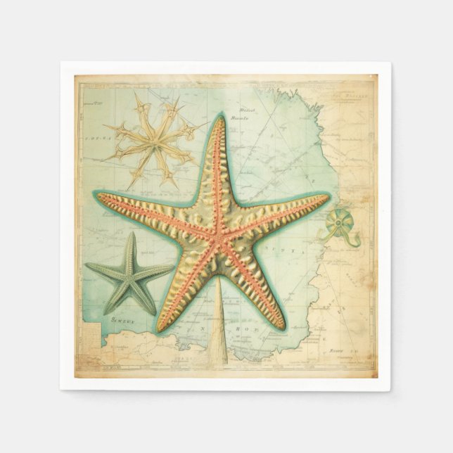 Vintage starfish nautical map napkin (Front)
