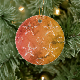 Vintage Starfish Seashell Sketch Pattern Ceramic Tree Decoration