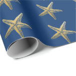 Vintage Starfish Sketch Navy Blue Wrapping Paper<br><div class="desc">Navy blue gift wrapping paper with gold starfish is fun for Christmas at the beach,  Hanukkah presents,  and pretty enough for wrapping up beach wedding bridal shower and bridesmaids gifts. Background colour is editable so you can match your coastal beach home decor or wedding theme.</div>