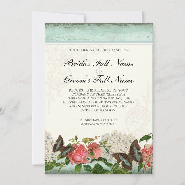 Vintage Stargazer Lily Rose Butterfly n Hydrangea Invitation (Front)