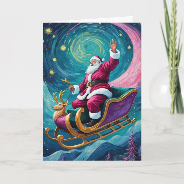 Vintage Starry Night Santa Custom Text Card (Front)