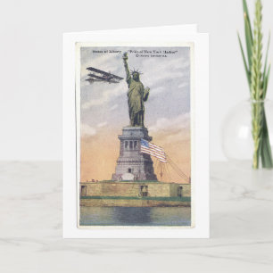 Vintage Statue of Liberty PC w/ Biplane and Flag Card