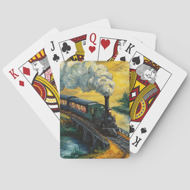 Vintage Steam Engine crossing Bridge painting Playing Cards (Back)
