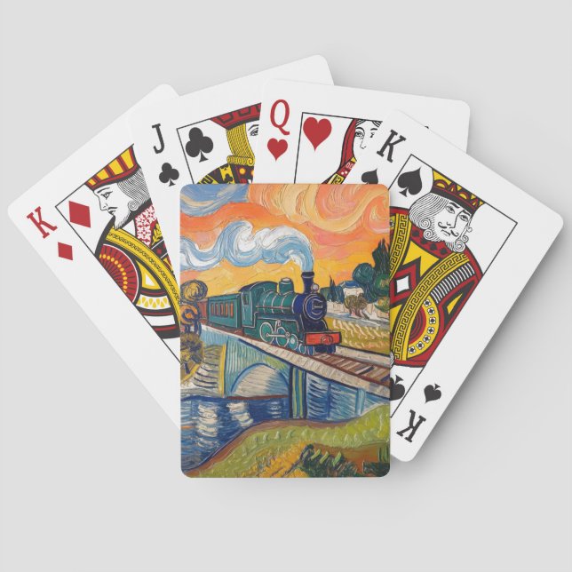 Vintage Steam Engine crossing Bridge painting Playing Cards (Back)