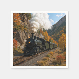 Vintage Steam Engine In an Autumn Mountain Valley Napkin