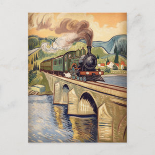 Vintage Steam Engine Train crossing Bridge Postcard