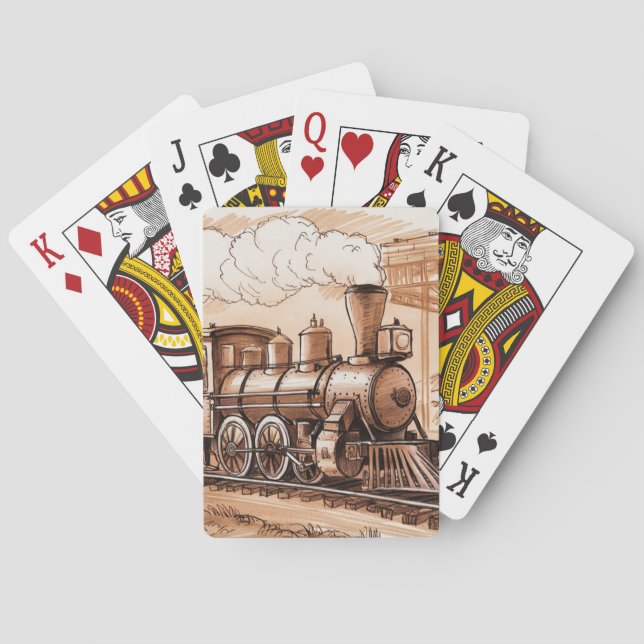 Vintage Steam Engine Train Sketch Playing Cards (Back)