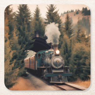 Vintage Steam Engine Train Square Paper Coaster
