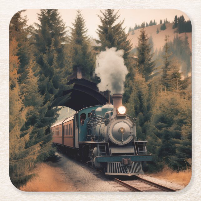 Vintage Steam Engine Train Square Paper Coaster (Front)