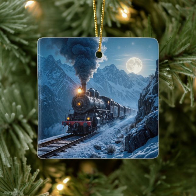 Vintage Steam Locomotive In Moonlight Ceramic Ornament (Tree)