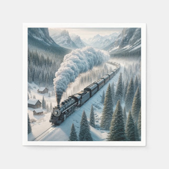 Vintage Steam Locomotive In Snowy Valley Napkin (Front)