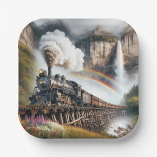 Vintage Steam Locomotive On a Train Trestle Paper Plate