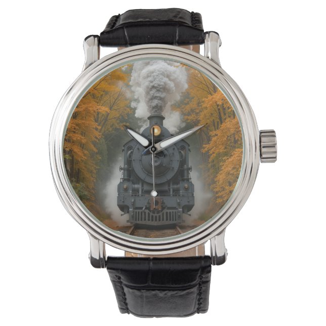 Vintage Steam Locomotive Train In Autumn Woods Watch (Front)