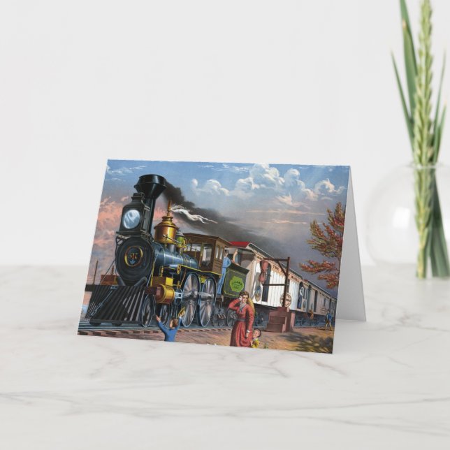Vintage Steam Train at Station illustration Holiday Card (Front)
