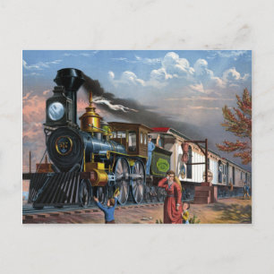 Vintage Steam Train at Station illustration Postcard