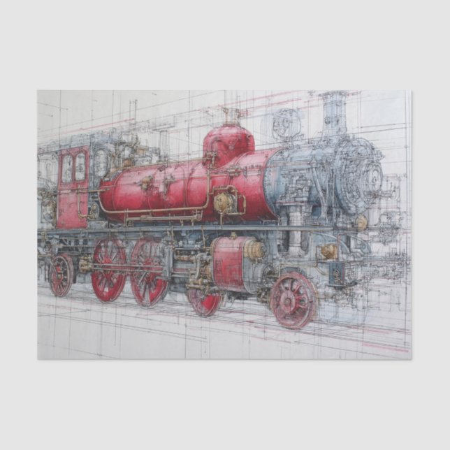 Vintage Steam Train Blueprint Tissue Paper (Front)