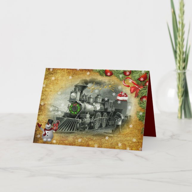 vintage Steam Train Christmas Frosty The Snowman  Card (Front)
