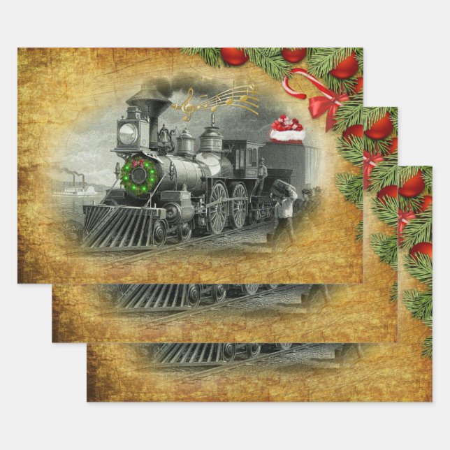 Vintage Steam Train Christmas Wrapping Paper Sheet (Set)